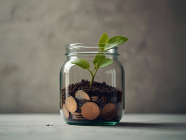 Bozuk para kavanozunda yeşil bitki yetişiyor. Ai üretken