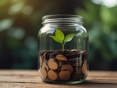 Bozuk para kavanozunda yeşil bitki yetişiyor. Ai üretken