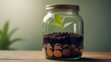 Green plant growth in coin jar. Ai generative clipart