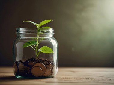 Bozuk para kavanozunda yeşil bitki yetişiyor. Ai üretken