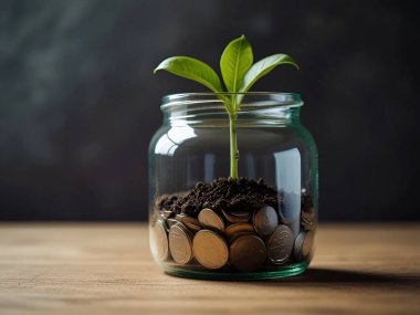 Bozuk para kavanozunda yeşil bitki yetişiyor. Ai üretken