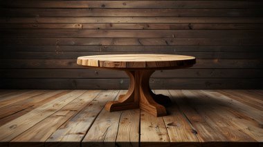 Ürün sunumu için kullanılan dış mekan ahşap masa. Üst düzey arka planlar. Ai üretken