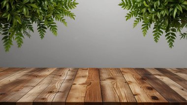 Ürün sunumu için kullanılan dış mekan ahşap masa. Üst düzey arka planlar. Ai üretken