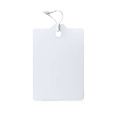 Şeffaf bir arkaplanda izole edilmiş boş bir beyaz fiyat etiketinin yüksek çözünürlüklü görüntüsü. Bu, tasarımcılar için temiz ve kişiselleştirilebilir bir etikete ihtiyaç duyan değerli bir mal..