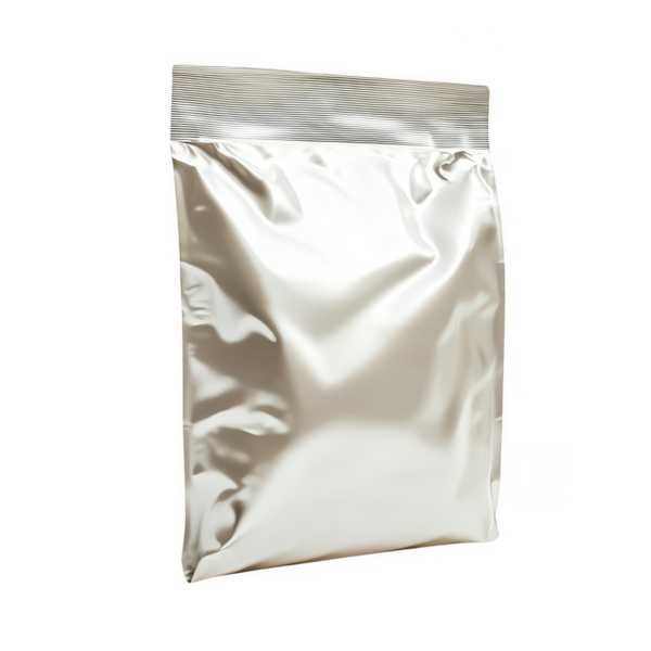 Bu resim, şeffaf bir arkaplanda izole edilmiş boş bir gümüş folyo kesesinin gerçekçi bir kopyasını içeriyor. Bu, paketleme görseline ihtiyacı olan tasarımcılar için değerli bir değer..