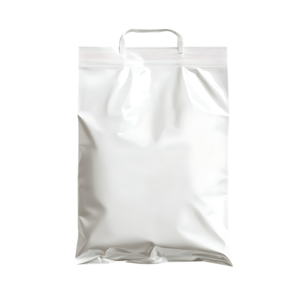 Şeffaf bir arkaplanda izole edilmiş beyaz plastik bir alışveriş çantasının yüksek kaliteli görüntüsü. Bu, temiz ve çok yönlü bir modele ihtiyaç duyan tasarımcılar için değerli bir özellik..