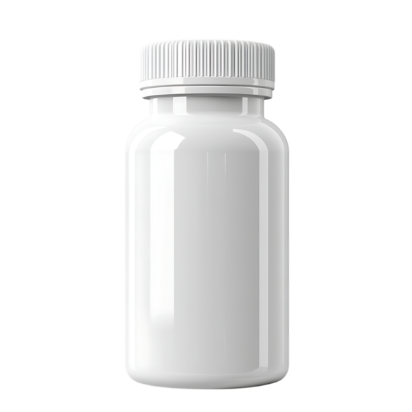 Şeffaf bir arkaplanda izole edilmiş beyaz plastik bir takviye şişesinin temiz ve yüksek çözünürlüklü görüntüsü. Bu, paketleme veya pazarlama malzemeleri üreten tasarımcılar için değerli bir değer..