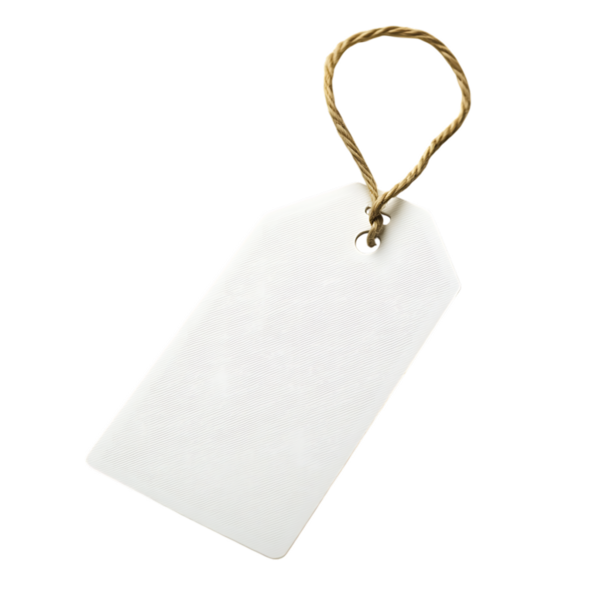 Şeffaf bir arkaplanda izole edilmiş sicim halkalı beyaz bir hediye etiketinin yüksek çözünürlüklü görüntüsü. Bu, tasarımcılar için temiz ve kişiselleştirilebilir etiket öğesine ihtiyaç duyan değerli bir değer..