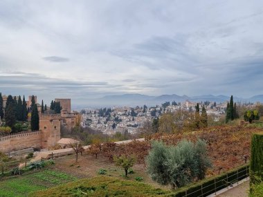 Granada. Alambra, İspanya, güzel kale manzarası, antik binalar, mimari, bulutlu gökyüzü, ağaçlar, ufuk manzarası.