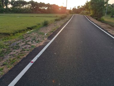 Gün batımında yemyeşil çayırlarda, ufukta ağaçlar beliren dar asfalt yollar..