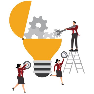 Vitesli ampul, takım çalışması, ürün geliştirme, araştırma ve yeni ürün, proje yönetimi veya üretkenlik kavramını başlatmak için geliştirme süreci için optimize etme, dişli tekerlekleri olan ampullü büyüteç fikri olan iş adamı