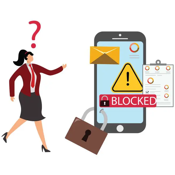 stock vector Unblock account Businesswoman, Experts help user to unblock account. Cyber crime, hacker attack, censorship or ransomware activity security