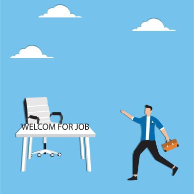 Start new job, onboarding new hire or begin career position, employee move to new office or opportunity, employment and recruitment concept, businessman starting new job walk to welcome office desk clipart