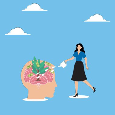 Büyüyen beyin, eğitim ve deneyimden kaynaklanan büyüme zihniyeti, bilgi yatırımı konsepti, insan beyninde büyüyen mutlu iş adamı sulama konserveleri.