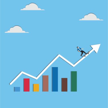 Kaykay süren bir adam yukarı doğru ok atarak iş başarısı elde eder.