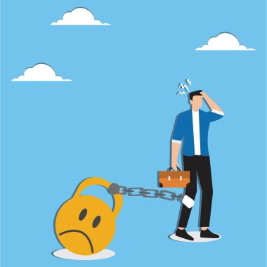 Stresli yük, endişe ya da olumsuz düşünce, öfke ya da duygusal sorun, zihinsel sağlık ya da depresyon, aşırı çalışma ya da bunalım konsepti, üzgün yüz yükü olan depresyon işadamı zinciri