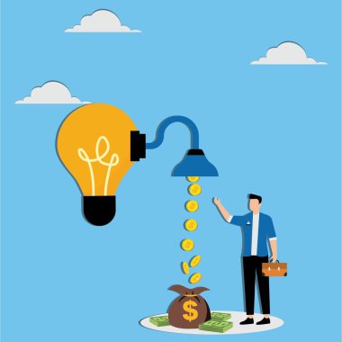 Girişim şirketi para kazanmak veya satış konsepti oluşturmak için gelir veya gelir işi fikri üretmeye başlar. İş adamı, ampul fikrinden akan gelir musluğundan para alır.