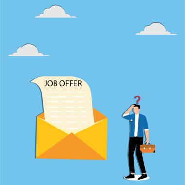 İş teklifi ya da terfi almak için iş fırsatı ya da daha yüksek maaşlı istihdam için yeni bir pozisyon ve iş teklifini kabul etmeyi düşünen insan kaynakları konsepti iş adamı adayı konsepti