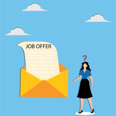 İş teklifi ya da terfi almak için iş olanağı ya da daha yüksek maaşlı istihdam ve insan kaynakları konsepti için iş teklifini kabul eden iş kadını adayı kavramı e-posta zarfı
