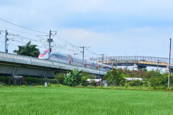 Yüksek hızlı Whoosh treni Endonezya 'nın kırsal kesimlerindeki yüksek raylarda süzülüyor, yemyeşil bir arazi ve mavi gökyüzüne karşı modern ulaşımı sergiliyor..