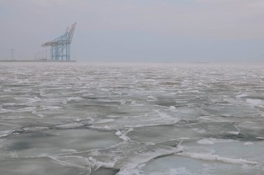 Gün doğumunda karla kaplı Karadeniz kıyıları. Şimdi, buz, donmuş su. Yumuşak güneş ışığı. Resimli kış manzarası. Mevsimler, doğa, çevre, iklim değişikliği, küresel ısınma temaları