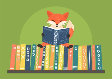 Kitaplıkta Fox kitap okuyor, karikatür tarzı illüstrasyon