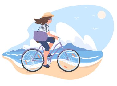 Kumsalda bisiklet süren bir kadın, illüstrasyon.