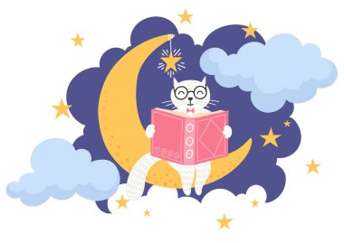 Uyku vakti geldi. Ay 'da kitap okuyan sevimli kedi..