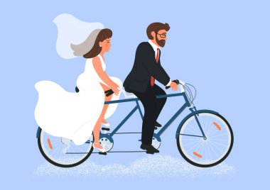 Düğün ikilisi. Gelin ve damat bulutların üstünde bisiklet sürüyor..