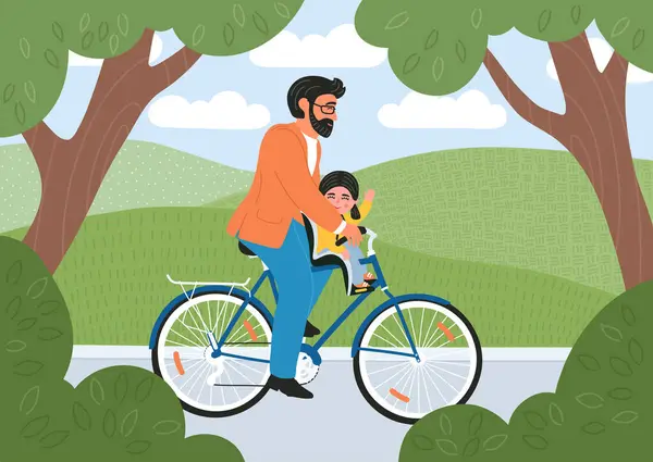 Homem Com Criança Andar Bicicleta Verão —  Vetores de Stock
