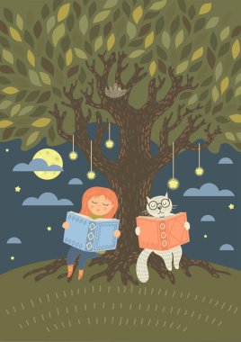 Girl reading book in the night park clipart