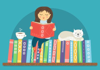 Kitap rafında kitap okuyan kız