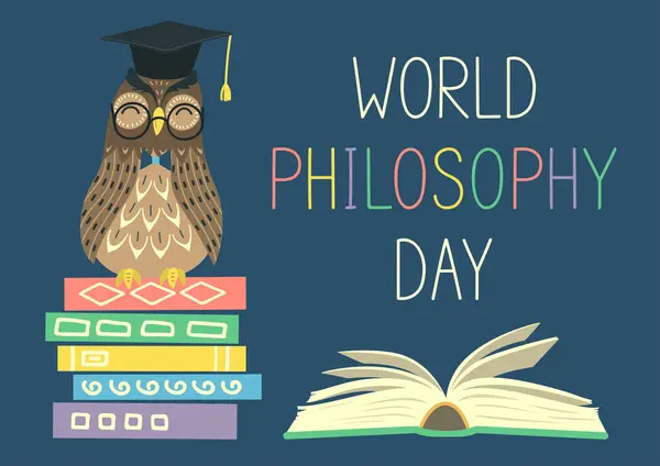 Día Mundial Filosofía Búho Sombrero Académico Sentado Pila Libros Con — Archivo Imágenes Vectoriales