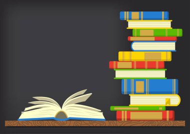 Arkaplanda karatahta olan kitap yığınıyla kitabı aç.