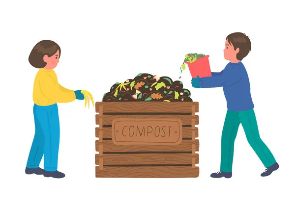 Composting Girl Boy Making Compost — Stock Vector