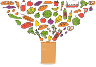 Market alışverişi. Yiyecek karalamalarıyla dolu bir poşet aç..