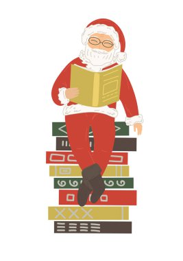 Santa Clause reading book on stack of books. clipart