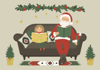 Santa Claus reads books  with little girl  clipart