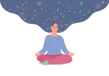 Kafasında çiçeklerle meditasyon yapan kadın.