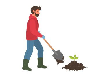 İnsan toprakta filizlenir. Çiftçi sebze, ağaç ya da çiçek filizleriyle ilgilenir. Kürekli tarımcı toprak kazıyor..