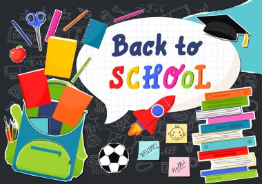 Okula dönelim. Okul çantasının içi bohça ve kırtasiye malzemeleriyle dolu. Okul konusu karalama ve el çizimi harfleri..