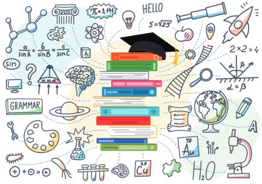 Eğitim konsepti. Okul konuları bir yığın kitap ve akademik şapkayla karalama yapıyor. Ders kitapları yığını.