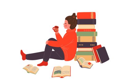 Kitap okuyorum. Kadın ders çalışıyor ve kahve ya da çay içiyor. Üniversite öğrencisi okuyor, ders ya da sınavlara hazırlanıyor. Eğitim, kütüphane, edebiyat kavramı.