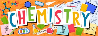 Kimya. Eğitim karalamaları ve turuncu arka planda harfler.
