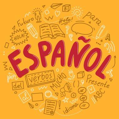 Espanol. Dil eğitimi elle çizilmiş karalama ve daire şeklinde harfler