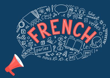 Fransız. Dil karalama baloncuklu megafon. 