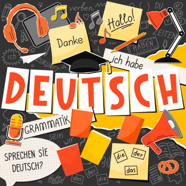 Deutsch. Alman malı. Yazılı dil kolajı. Eğitim konsepti. Kare bileşimi.