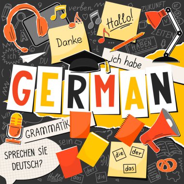 Alman malı. Yazılı dil kolajı. Eğitim konsepti. Kare bileşimi.