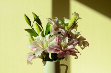 Güzel zambak buketi ve cam vazoda beyaz çiçekler