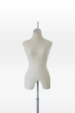 Female mannequin. Tailors dress form mannequin on stand, ideal for fashion design, dressmaking, and sewing projects. White color. Isolated on a white background.